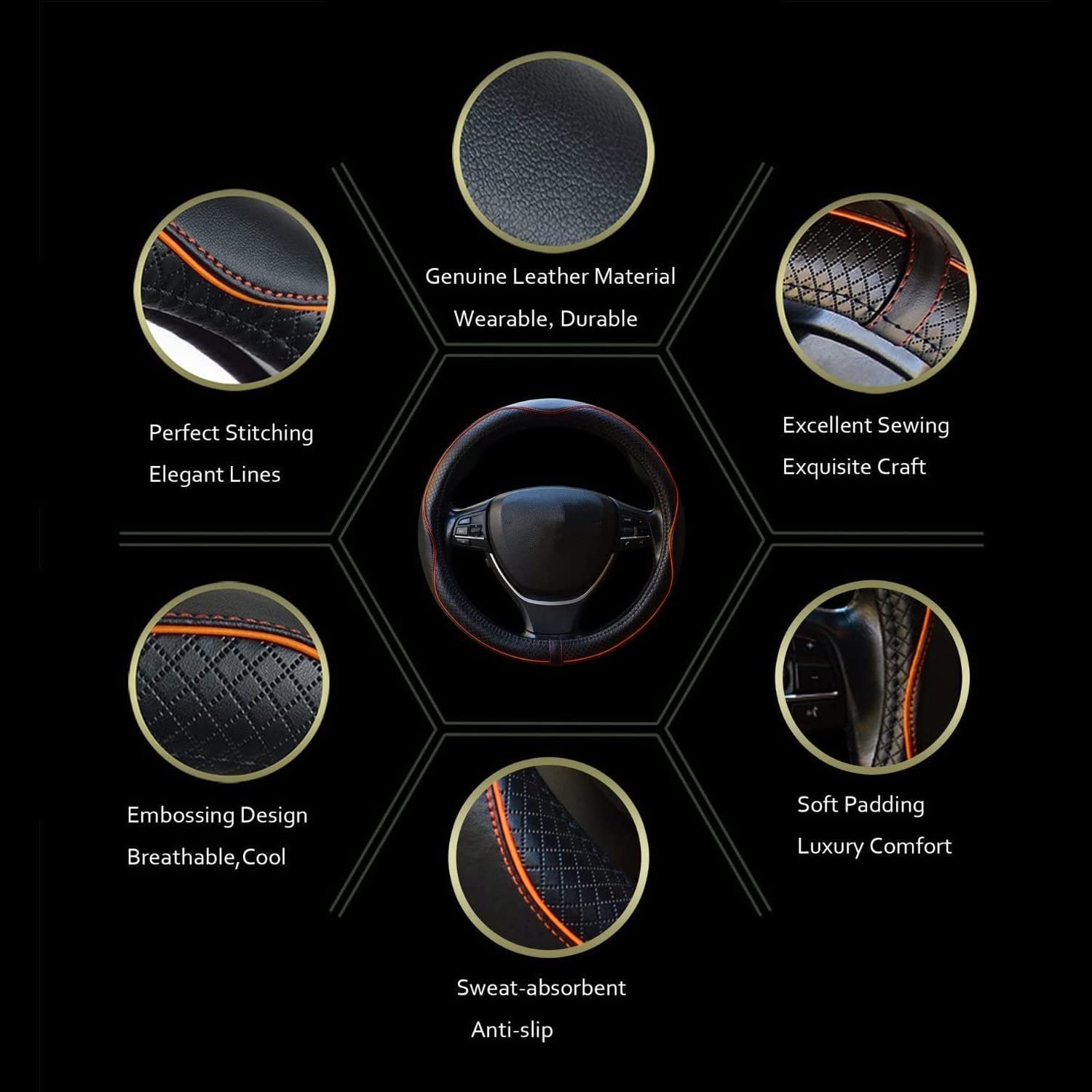 Car Steering Wheel Cover, Anti-Slip, Safety, Soft, Breathable, Heavy Duty, Thick, Full Surround, Sports Style (Black)