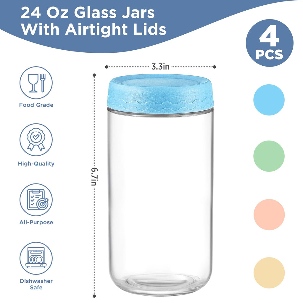 DRKIO 10 Oz Overnight Oats Containers with Lids - 4 Pack Glass Storage Jars with Airtight Lids Wide Mouth Mason Food Jars Great for Meal Prep Salad Chia Pudding Snacks Yogurt Sugar Spice Cereal
