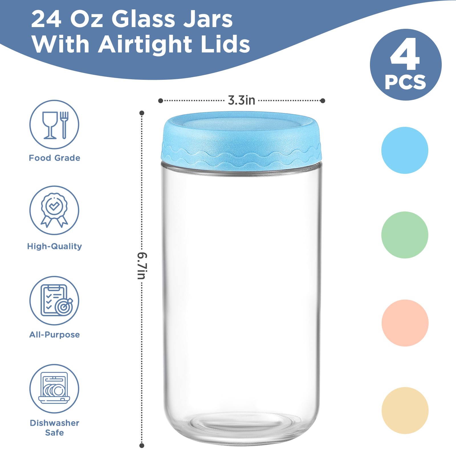 DRKIO 10 Oz Overnight Oats Containers with Lids - 4 Pack Glass Storage Jars with Airtight Lids Wide Mouth Mason Food Jars Great for Meal Prep Salad Chia Pudding Snacks Yogurt Sugar Spice Cereal