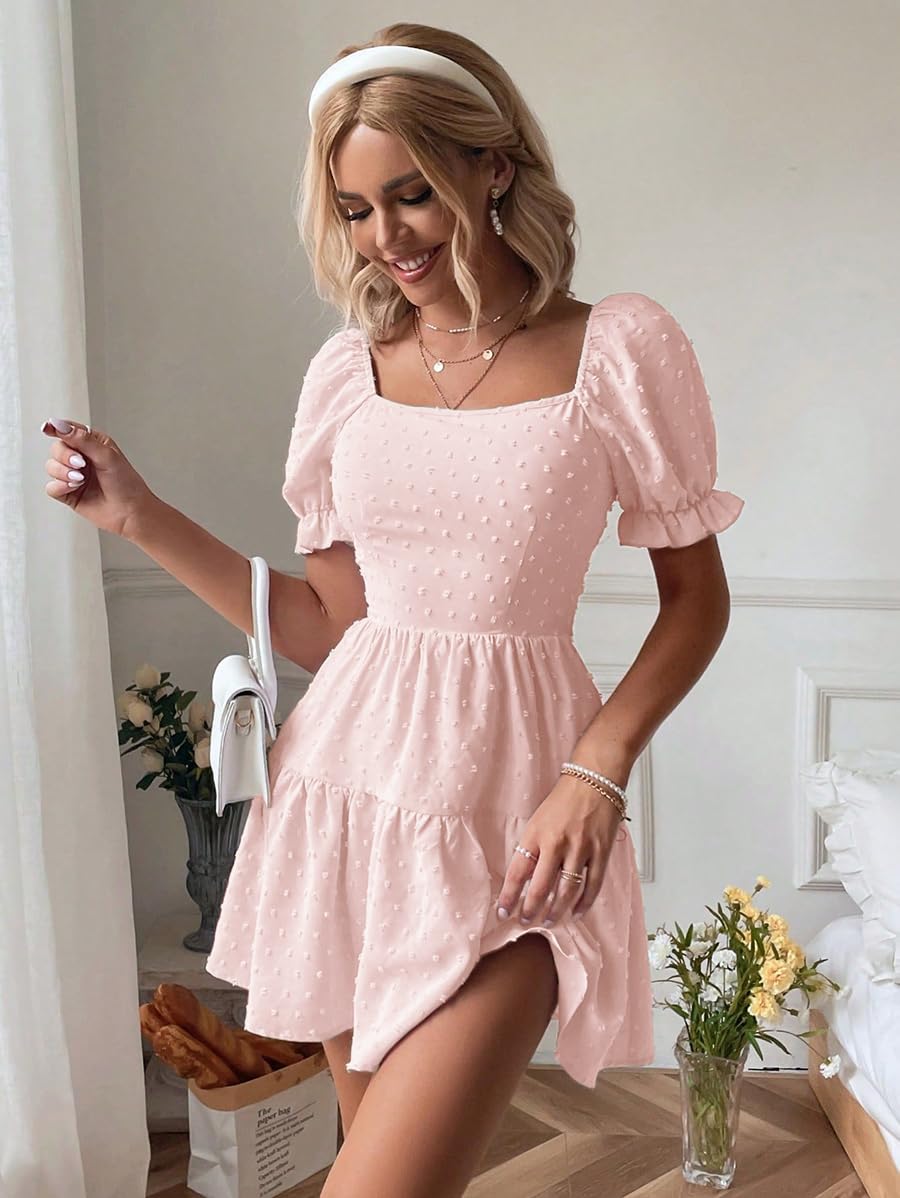 Narecte Summer Dresses for Women 2026,Tie Backless Swiss Dot Mini Dress,Ruffle Hem Flowy Casual Dresses