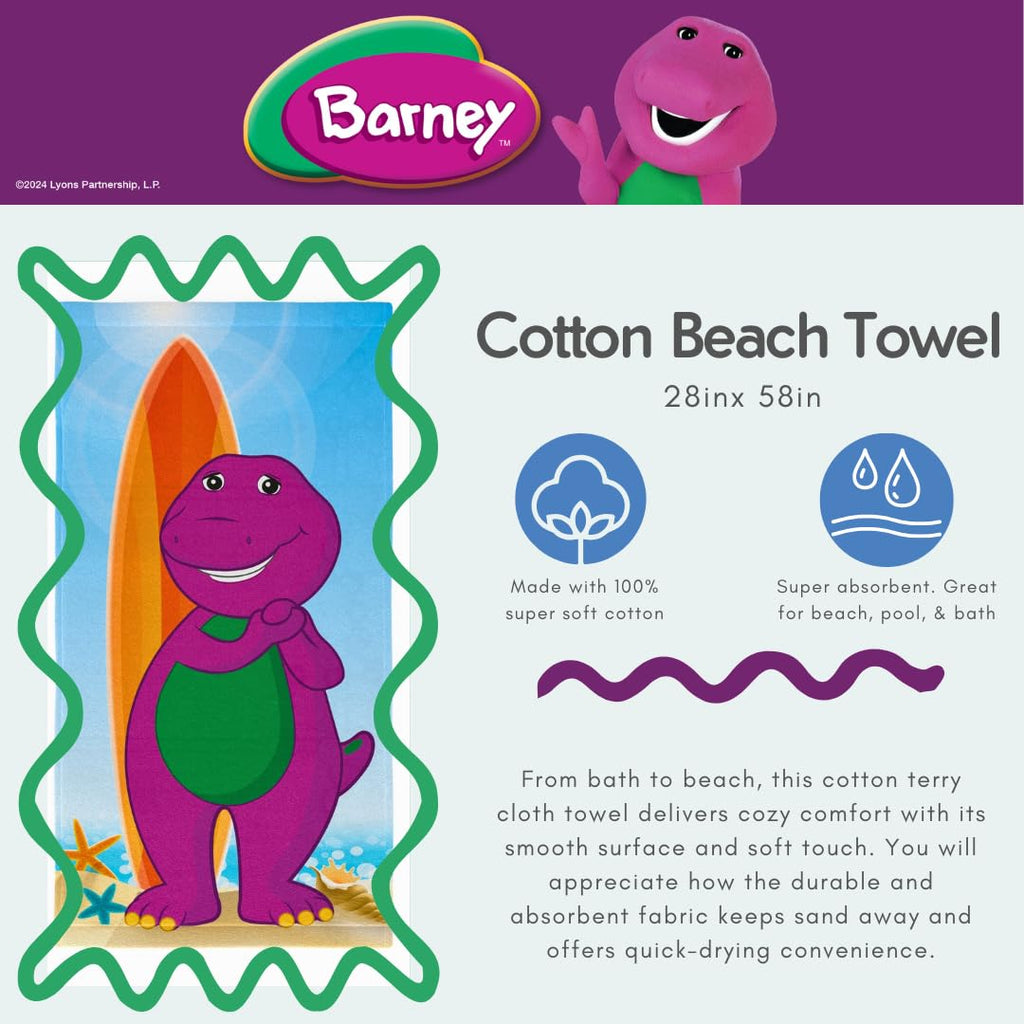 Barney Classic Kids Super Soft Cotton Bath/Pool/Beach Towel, 58 in x 28 in, (Offical Licensed Product) By Franco