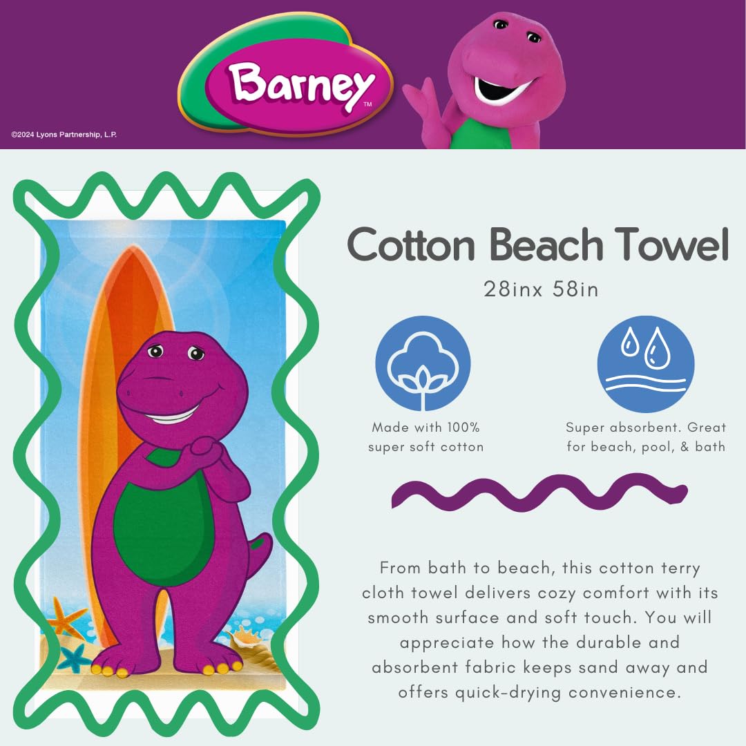 Barney Classic Kids Super Soft Cotton Bath/Pool/Beach Towel, 58 in x 28 in, (Offical Licensed Product) By Franco