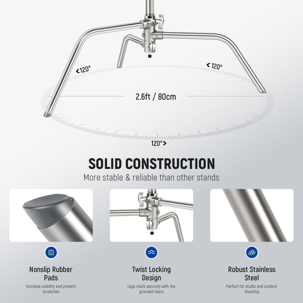 NEEWER Pro 100% Stainless Steel Heavy Duty C Stand with Boom Arm, Max Height 68"/172cm Photography Light Stand with 2.7ft/83cm Holding Arm, 2 Grip Head for Studio Monolight, Softbox, Reflector, SC172