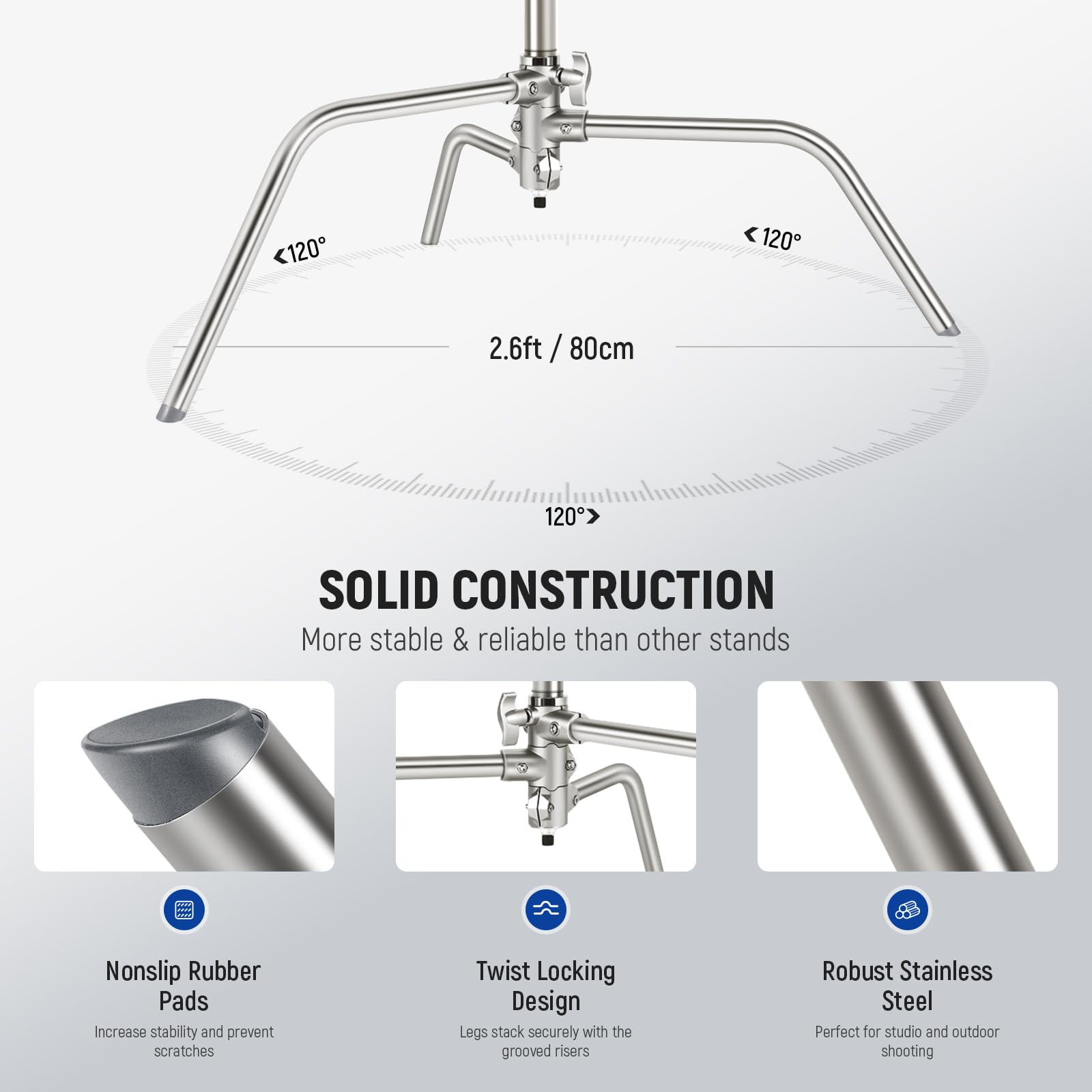NEEWER Pro 100% Stainless Steel Heavy Duty C Stand with Boom Arm, Max Height 68"/172cm Photography Light Stand with 2.7ft/83cm Holding Arm, 2 Grip Head for Studio Monolight, Softbox, Reflector, SC172