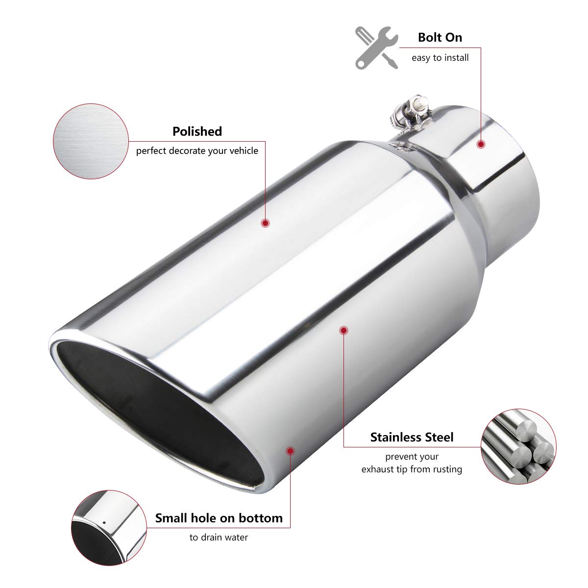 LCGP 5" Inlet Exhaust Tip, 6" Outlet 15" Long Bolt On Stainless Steel Diesel Exhaust Tailpipe Black