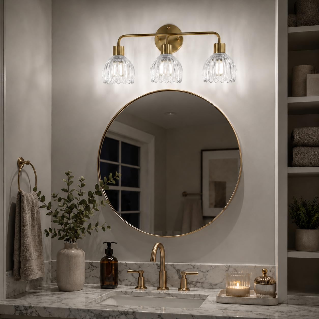 1-Light Gold Brass Bathroom Light Fixture,Wall Sconces set of 2,Brushed Gold Vanlity Light Over Mirror,Bathroom Vanity Light with White Tulip Glass Flower Shade,E26 Socket(Bulbs Not Included)