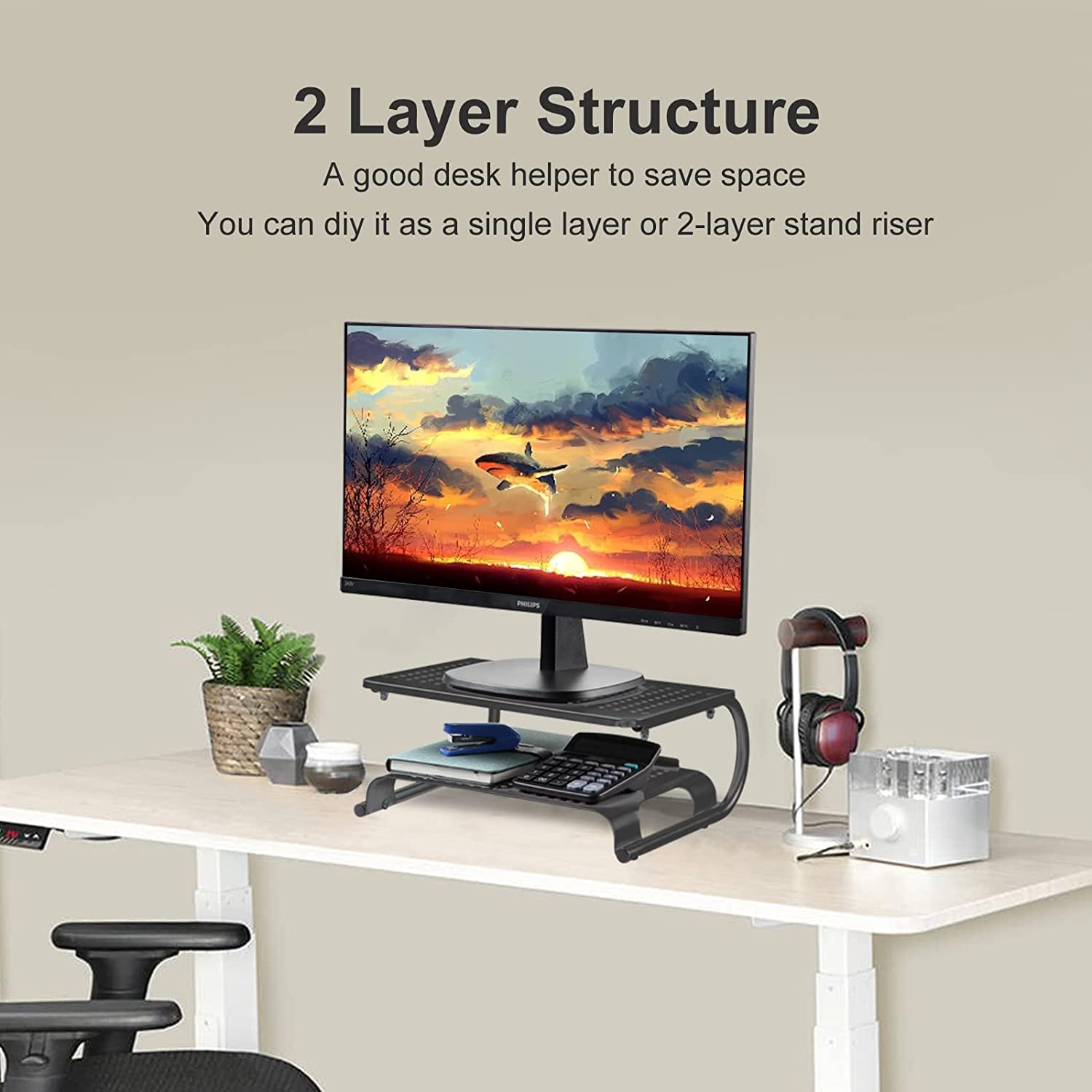 suptek Clamp-on 32 Inch Dual Monitor Desk Mount Riser Shelf Computer Stands for 2 Monitor,Laptop,Printer, Notebook,32.2” x 7.8” x 5.7”