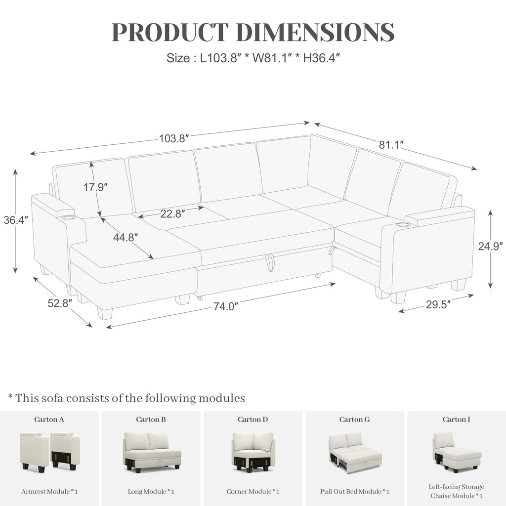 Belffin Modular Sectional Sleeper Sofa Bed with Storage Chaise L Shaped Sectional Couches for Living Room Armrest with Cup Holder. White Couch