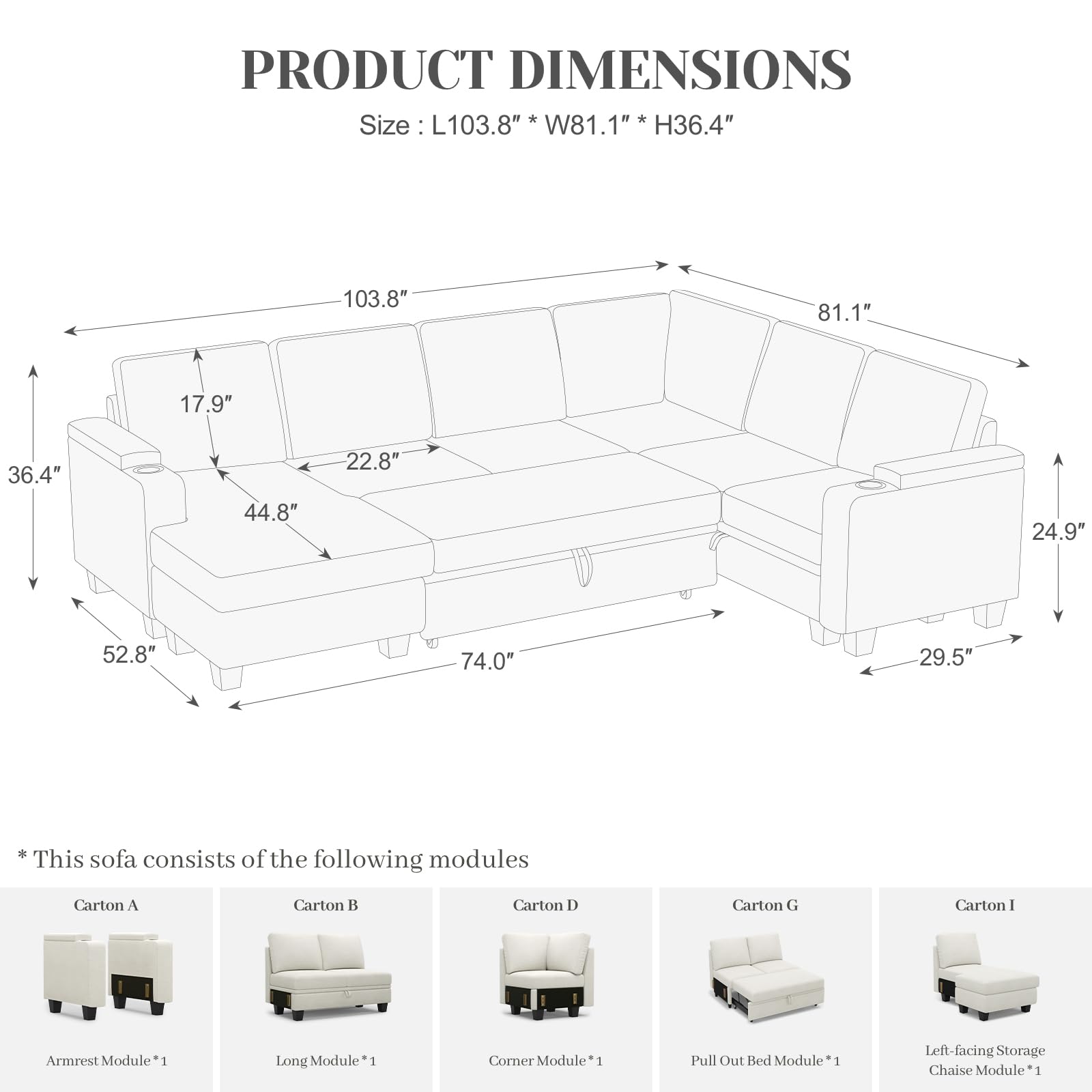 Belffin Modular Sectional Sleeper Sofa Bed with Storage Chaise L Shaped Sectional Couches for Living Room Armrest with Cup Holder. White Couch