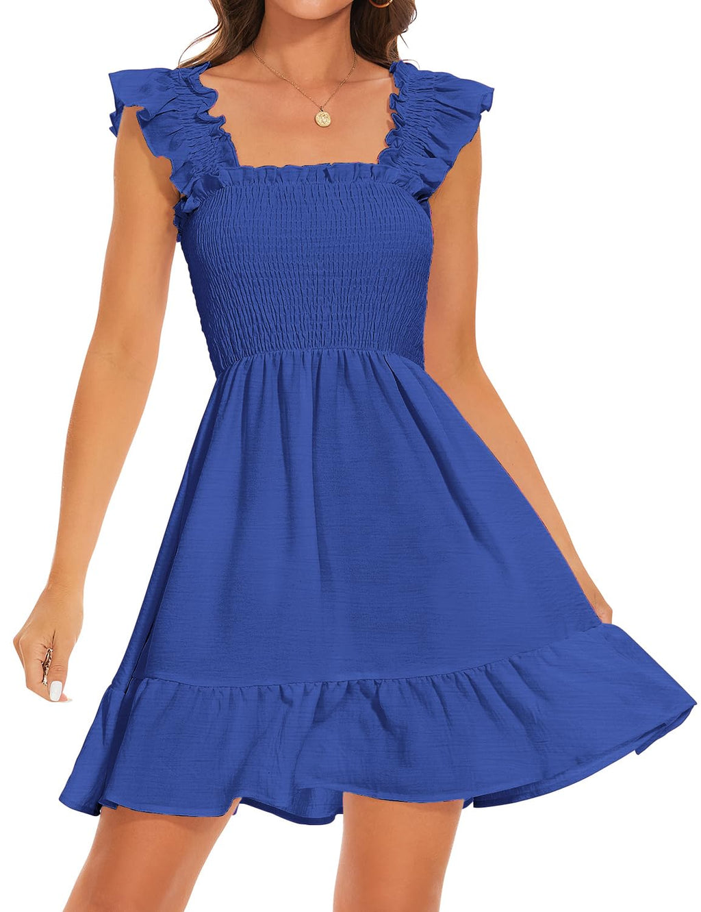 ROYLAMP Women's Smocked Dresses Square Neck Elegant Tiered Boho Ruffle Shoulder Swing Flowy Summer Casual Mini Dress
