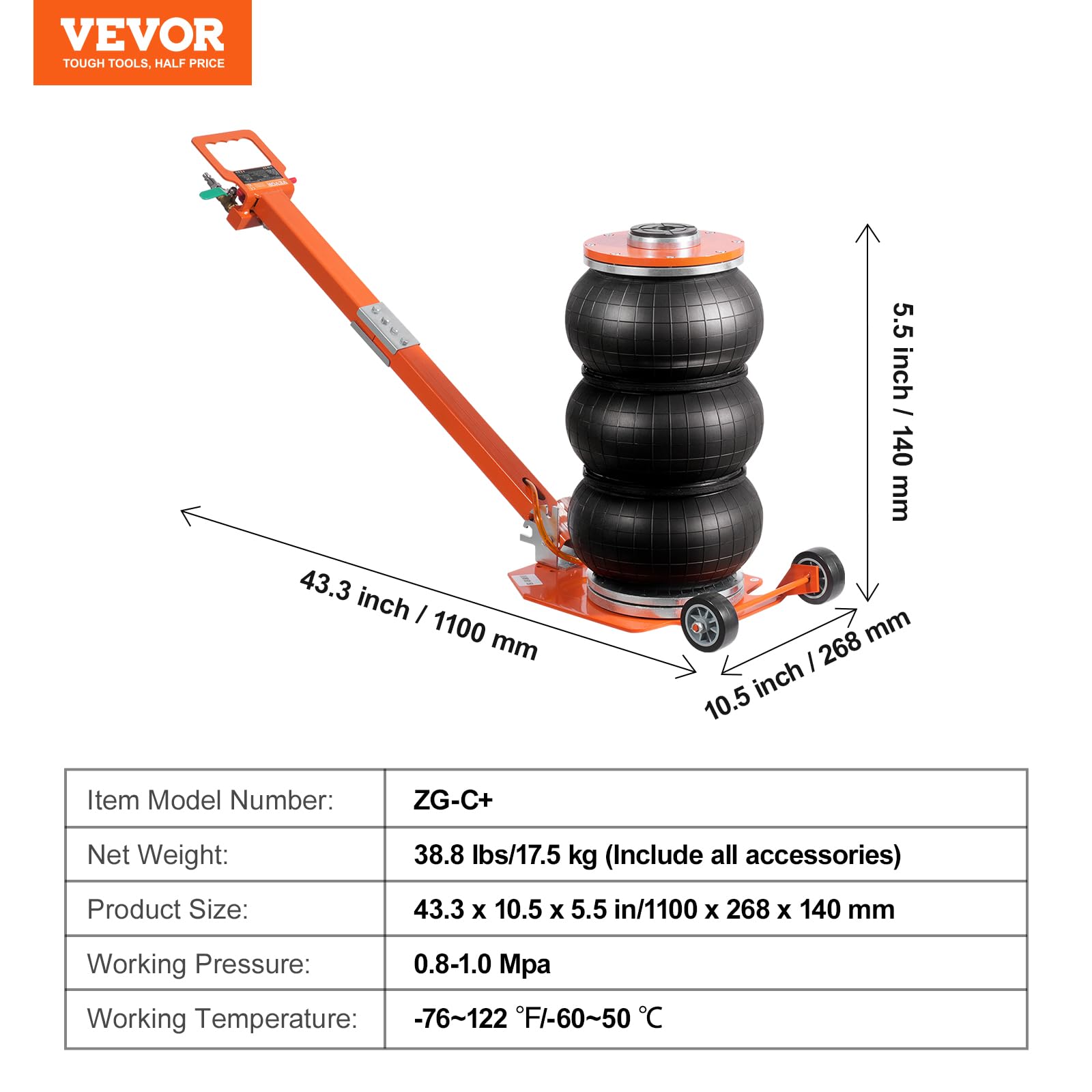 VEVOR Air Jack, 3 Ton/6600 lbs Triple Bag Air Jack, Airbag Jack with Six Steel Pipes, Lift up to 17.7 inch/450 mm, 3-5 s Fast Lifting Pneumatic Jack, with Short Handles for Car Repair