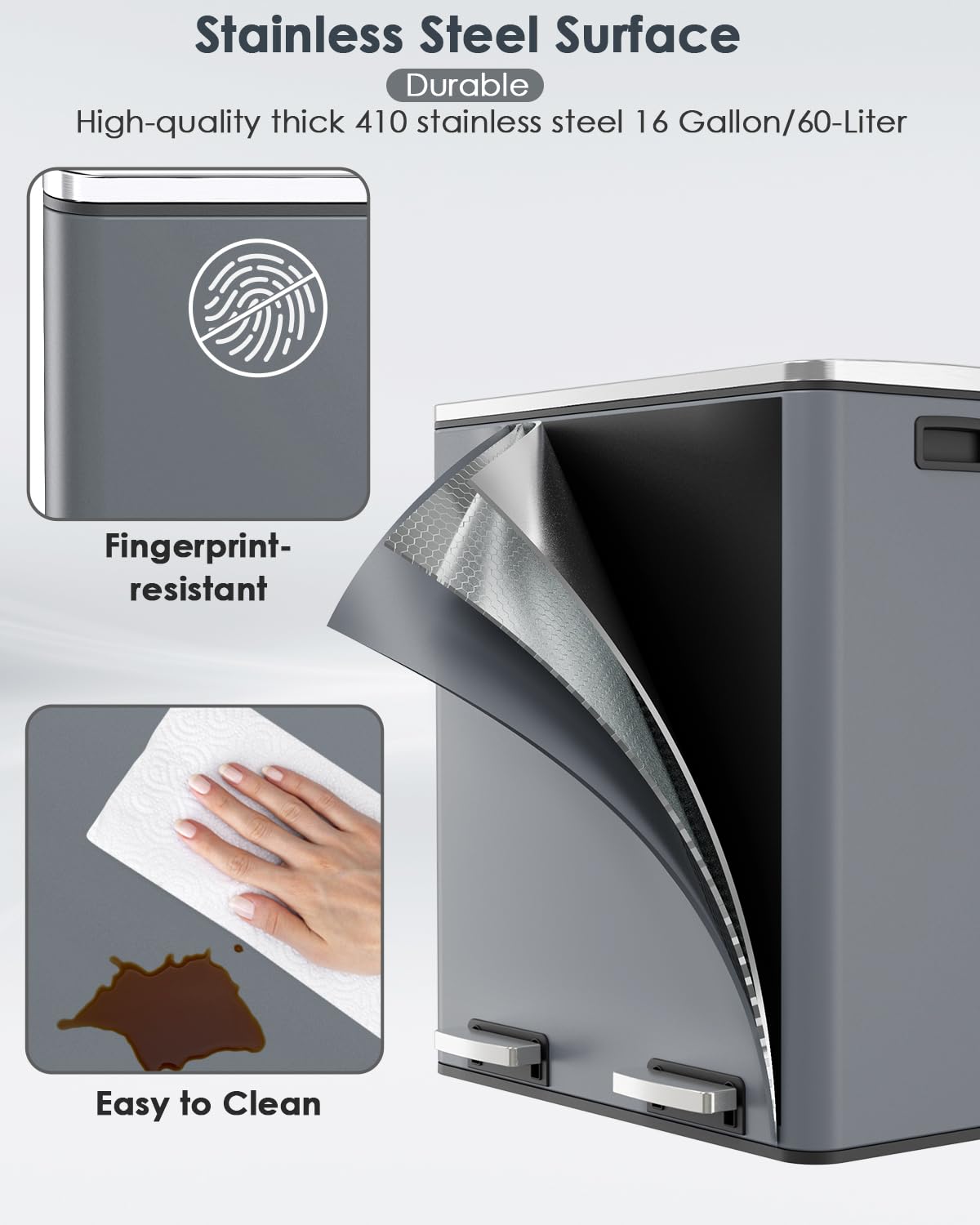 60L(16 Gal) Dual Trash Can, Stainless Steel Kitchen Garbage Can, Double Compartment Classified Rubbish Bin, Recycle Dustbin w/Plastic Inner Buckets, Soft-Close Lid, Airtight, Black