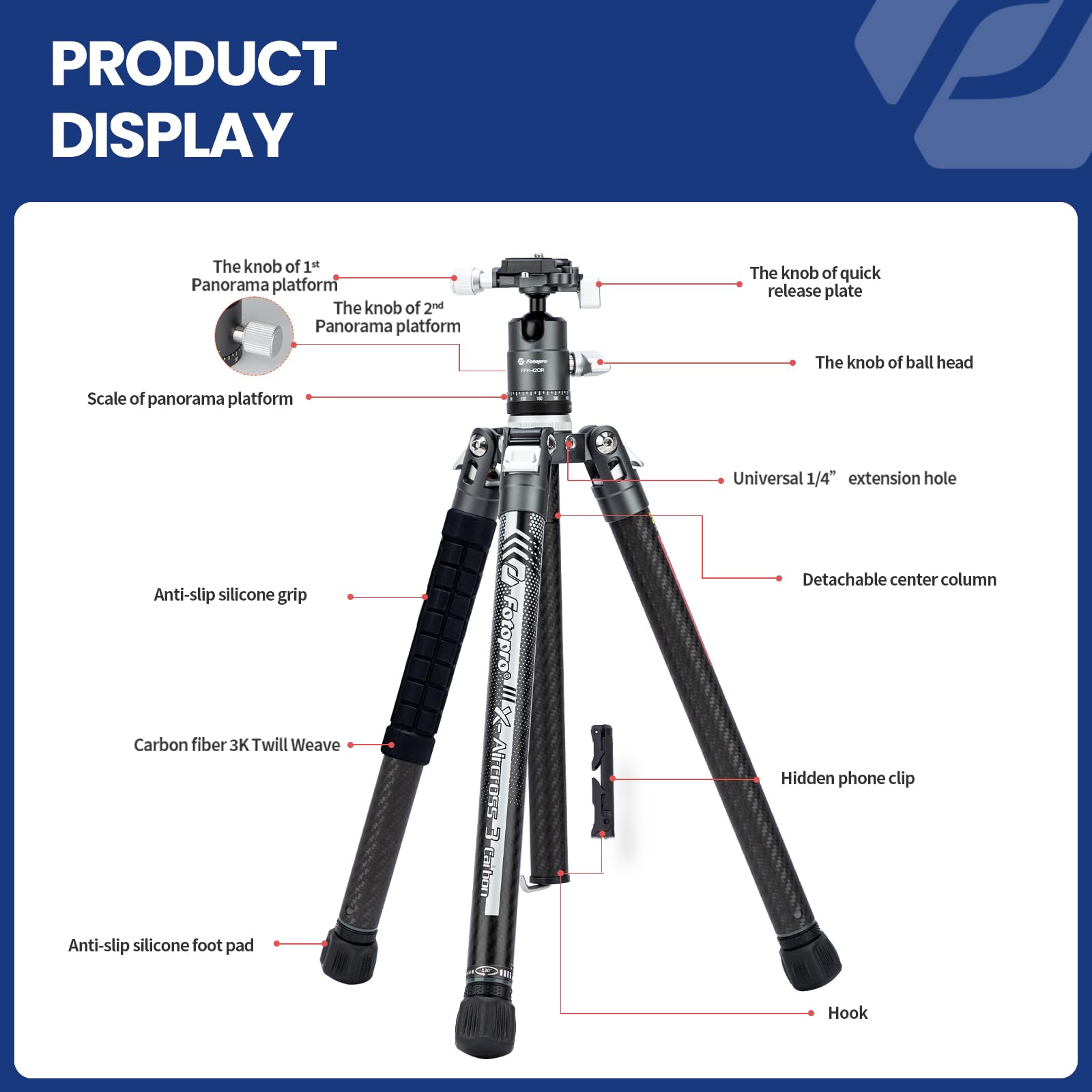 Fotopro 60" Camera Tripod, Carbon Fiber Travel Tripod with 360° Ball Head, Ultralight 2.1lbs, 22lbs Load, Quick Lock, Folds to 14.3" Carry-On, for DSLR Mirrorless Cameras, X-Aircross 3 Blue