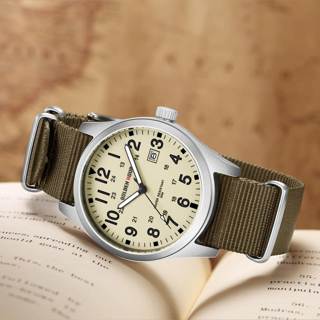 GOLDEN HOUR Men's Nylon Slip-Thru Strap Watch with Military Time Easy Read Dial Glowing Hands