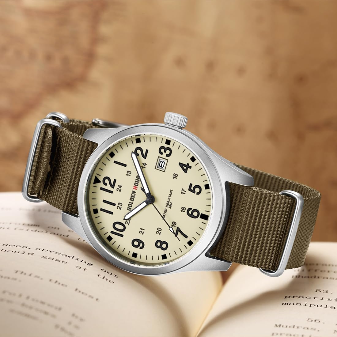 GOLDEN HOUR Men's Nylon Slip-Thru Strap Watch with Military Time Easy Read Dial Glowing Hands
