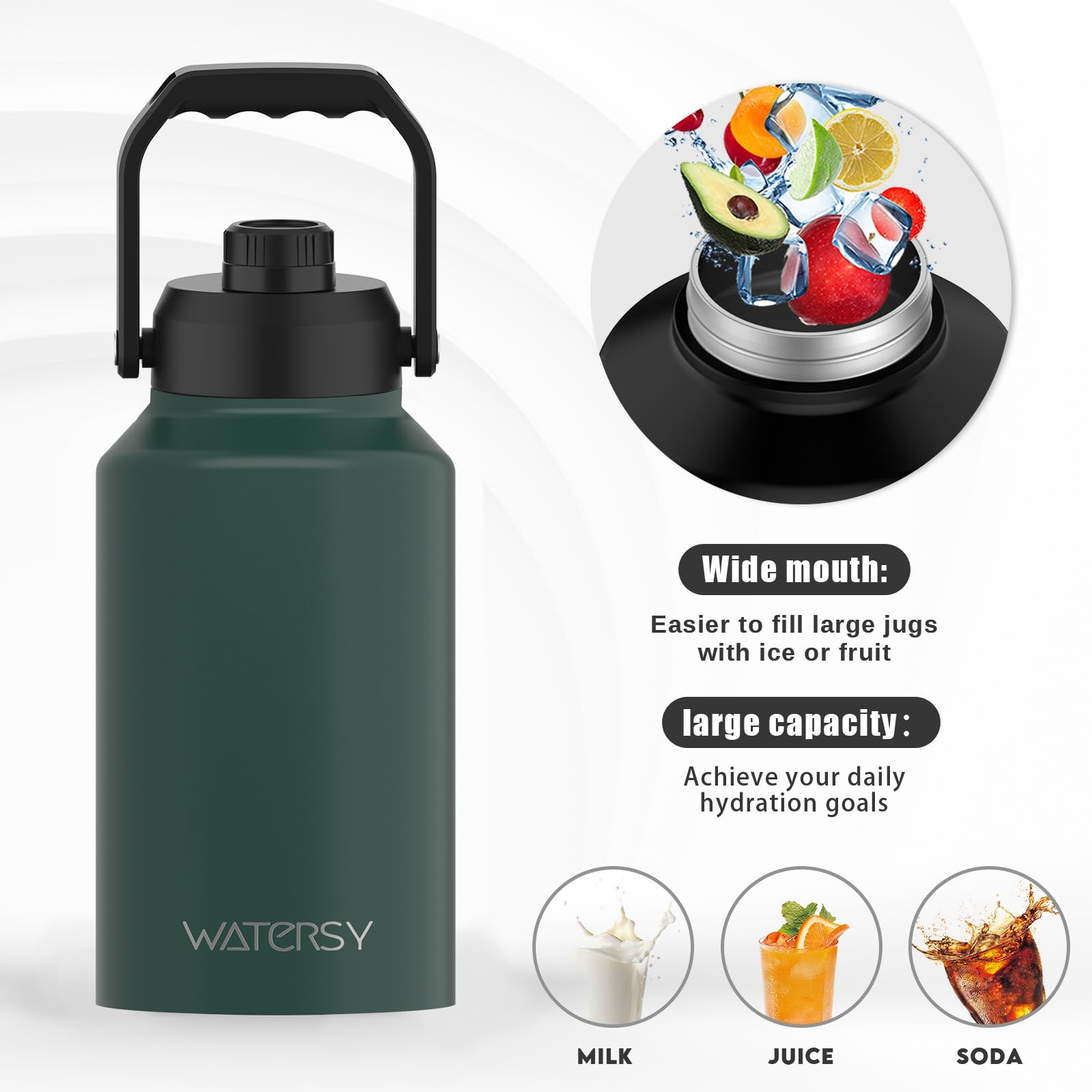 WATERSY Half Gallon Water Bottle Insulated(Cold for 48 Hrs),BPA Free&Leak Proof,64oz Stainless Steel Water Jug/Flask,Big thermo,Large Water Bottle with Handle for Gym,Hiking,Camping,Black
