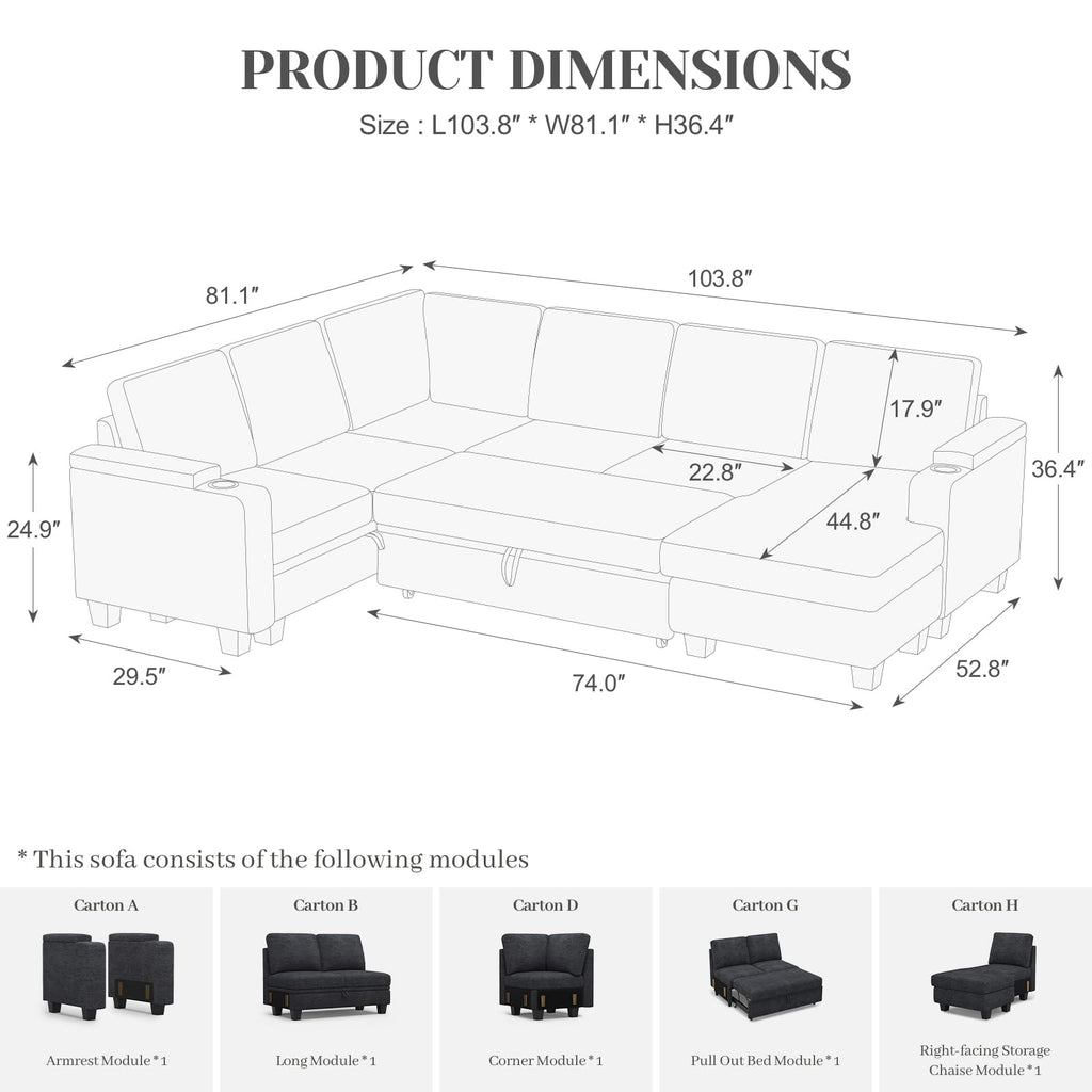 Belffin Modular Sectional Sleeper Sofa Bed with Storage Chaise L Shaped Sectional Couches for Living Room Armrest with Cup Holder. White Couch