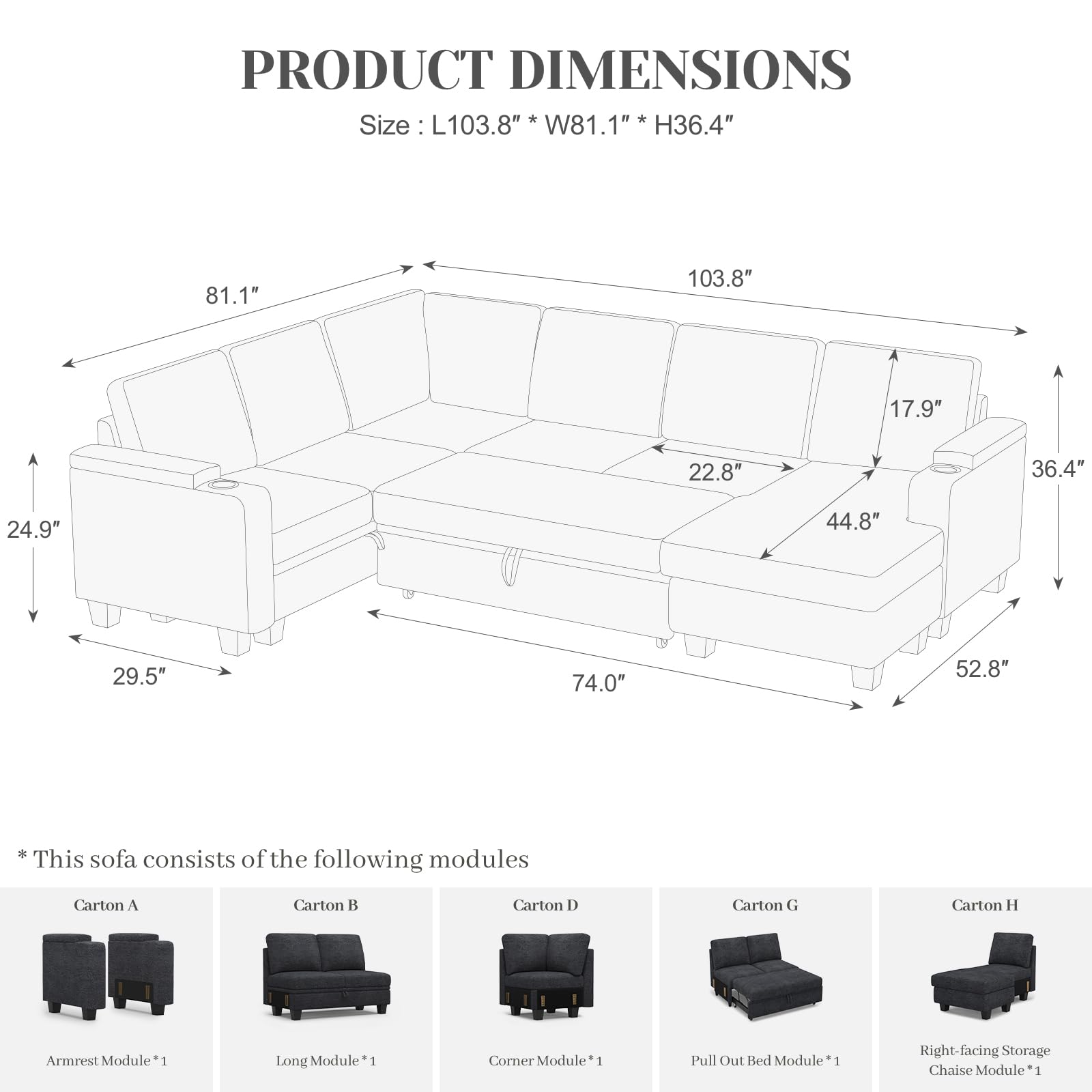 Belffin Modular Sectional Sleeper Sofa Bed with Storage Chaise L Shaped Sectional Couches for Living Room Armrest with Cup Holder. White Couch
