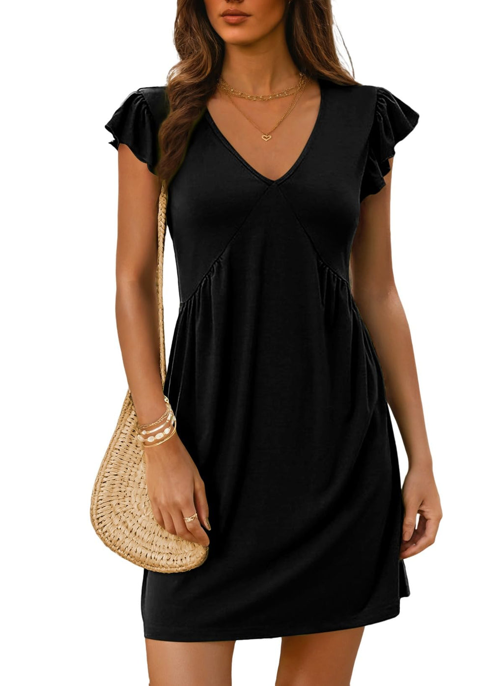 Dokotoo Women's Summer Dresses Beach 2026 Casual Deep V Neck Loose Sundress Ruffle Sleeve Mini Dress