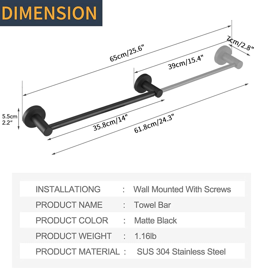 BESy Adjustable 15 to 26 Inch Single Bath Towel Bar for Bathroom SUS304 Stainless Steel Towel Holder, Wall Mount with Screws Hand Towel Bar Rod Hotel Style, Brushed Gold