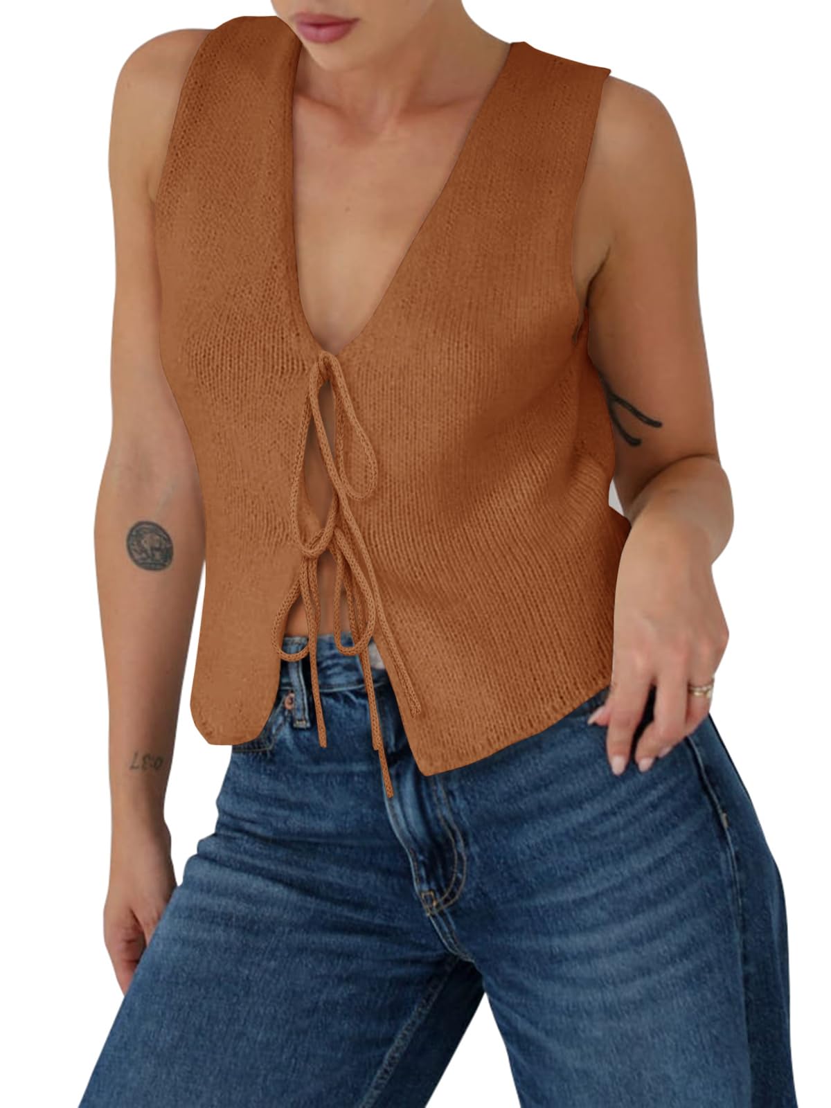Yousify Womens Sweater Vests Tie Front Knit Vest Summer Ribbed Tank Tops Y2k Cute Vests Fashion Casual Sleeveless Tops