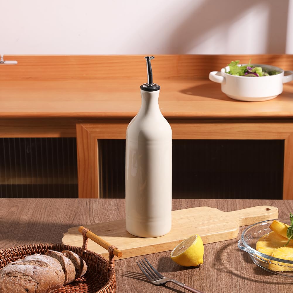 Sweejar Ceramic Olive Oil Dispenser Bottle, Opaque Oil Cruet Protects to Reduce Oxidation, Suitable for Storage Vinegar, Coffee Syrups & Other Liquids, Pack of 1, 15.5 Fl Oz(Beige)