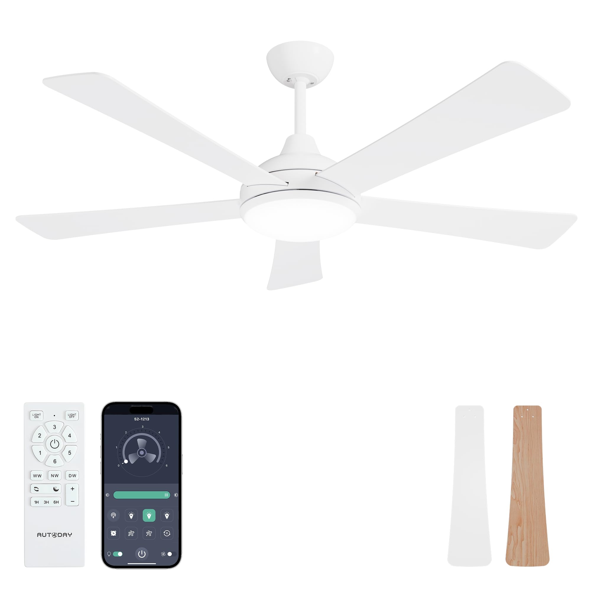 42 Inch Low Profile Ceiling Fan with Light, White Ceiling Fans with Lights and Remote, Flush Mount, 6 Speeds Reversible Quiet DC, 3CCT Dimmable, Indoor Outdoor Ceiling Fans for Patios Bedroom