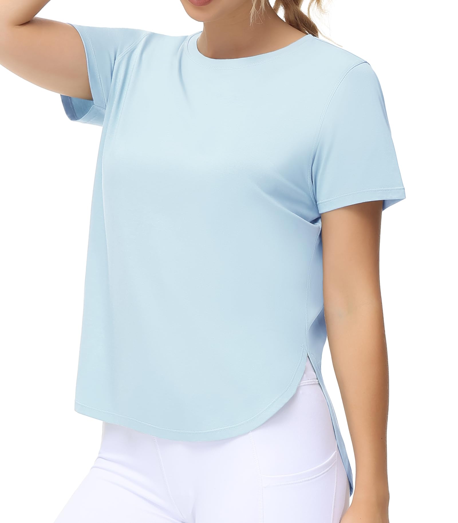 THE GYM PEOPLE Women's Workout T-Shirts Loose Fit Short Sleeve Cotton Running Basic Tee Tops with Split Hem