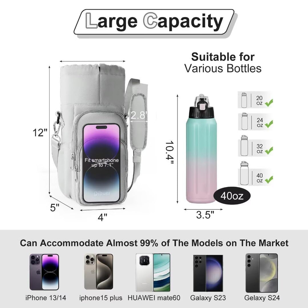Water Bottle Holder with Strap, 32oz 40oz Insulated Crossbody Water Bottle Carrier Sling Bag with Phone Pocket for Walking/Hiking/Travel/Gym