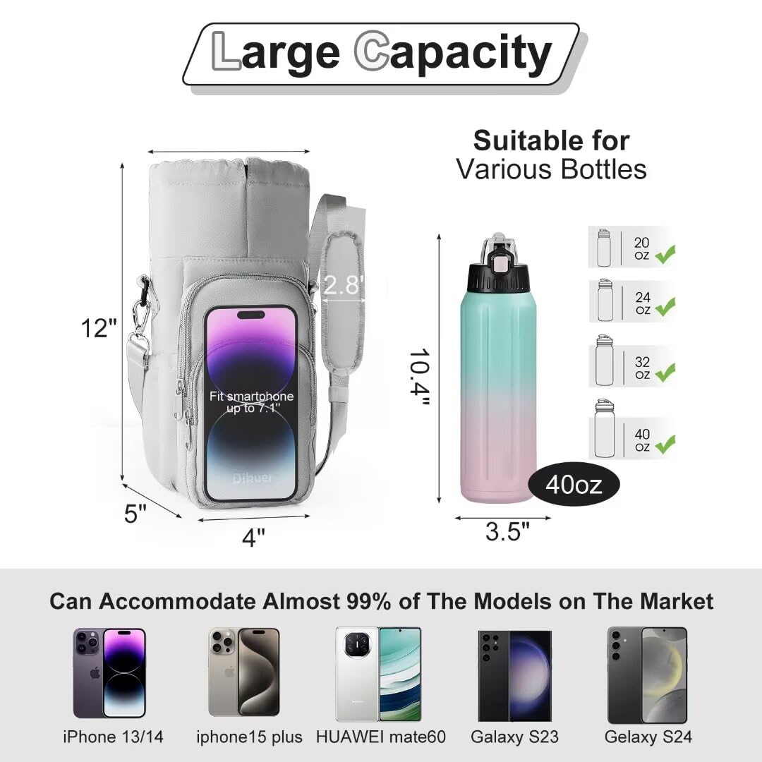 Water Bottle Holder with Strap, 32oz 40oz Insulated Crossbody Water Bottle Carrier Sling Bag with Phone Pocket for Walking/Hiking/Travel/Gym