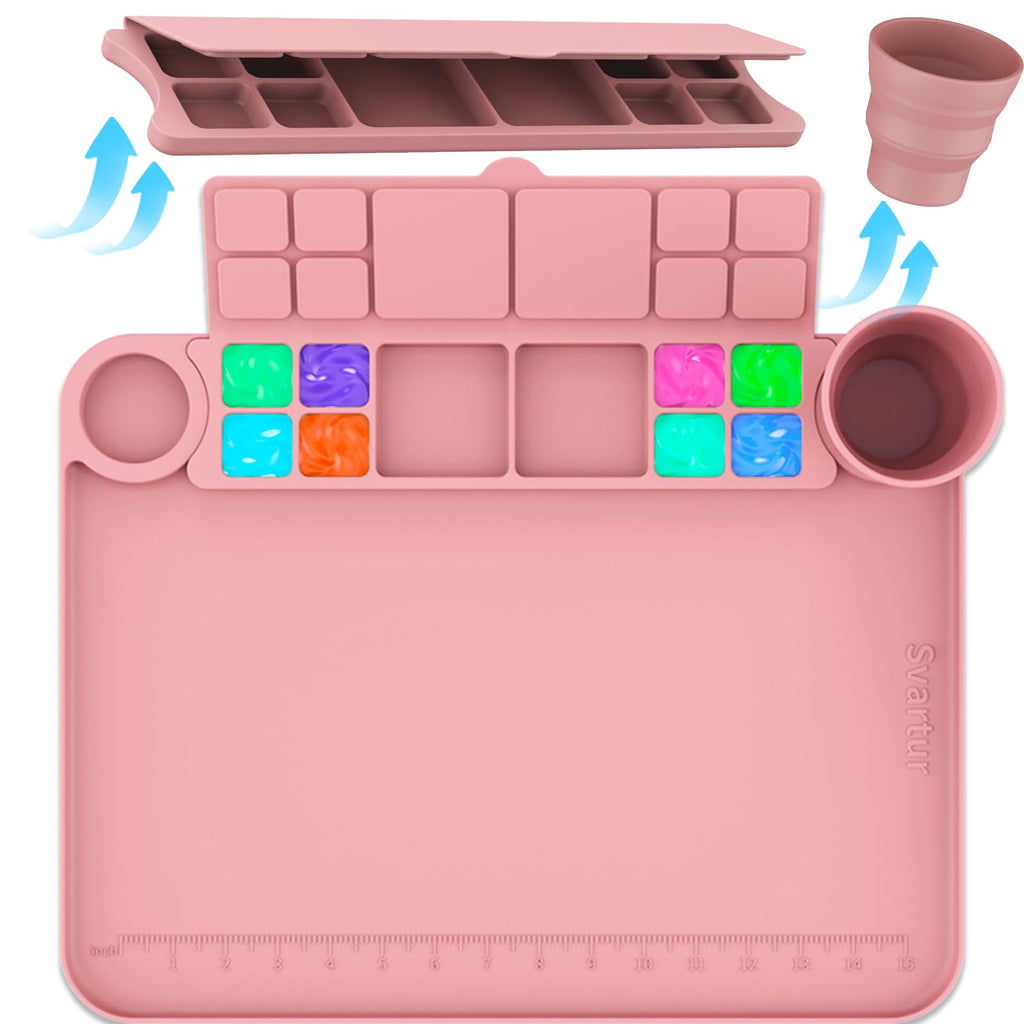 Svartur Silicone Art Mat - 17" X 13" With Cup and Palette, Raised Edge for Craft, Artist Creator Mat for Resin DIY, Coral Pink