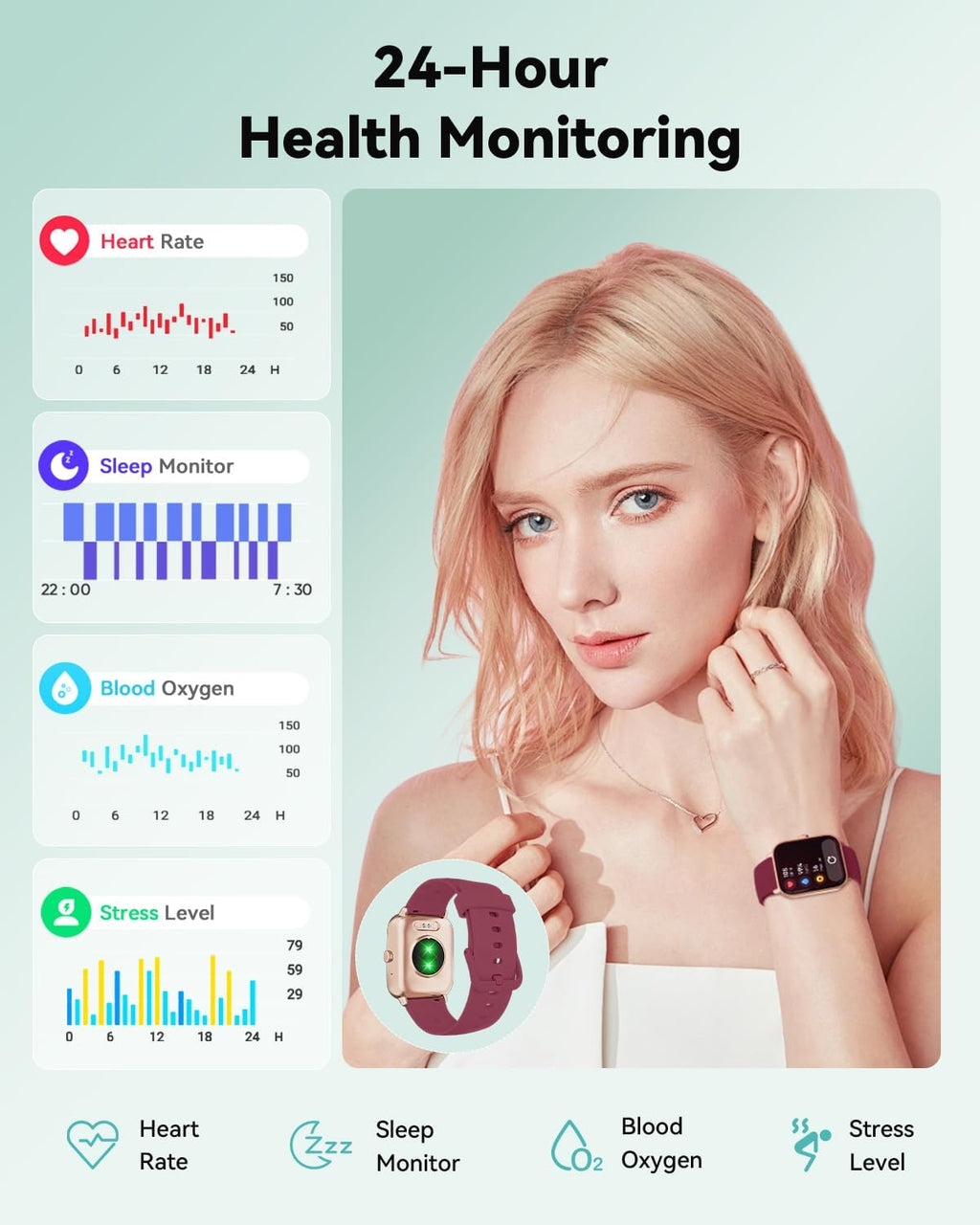 Quican Smart Watches for Women, Compatible for iPhone and Android Phones, Calling, Heart Rate/Sleep Monitor, Alexa, 1.8" Fitness Tracker Watch, Waterproof, Gifts for Women, Silicone Band, Baby Pink