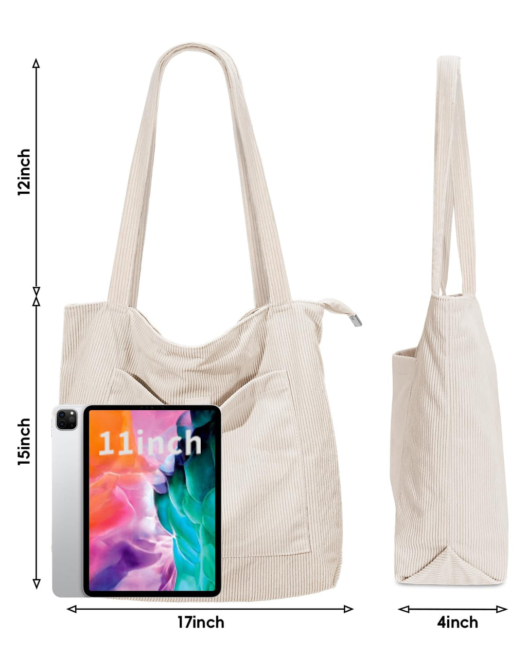 Iioscre Corduroy Tote Bag for Women,Hobo HandBags with Zipper,Large Capacity Casual Shoulder Handbags with Inner Pockets