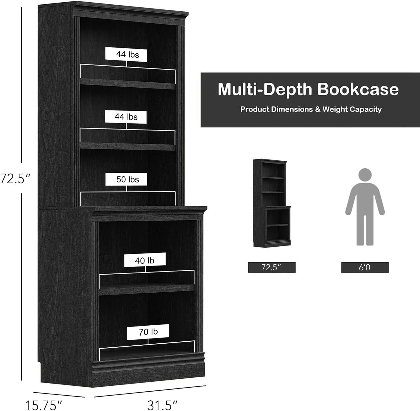 JAHRSTIM Halston Bookshelf, 5-Tier Tall Deep Storage Shelf, Adjustable Open Shelving Unit Closet Organizer and Storage for Living Room Home Office Bedroom, Modular Deep Bookcase Bookshelves