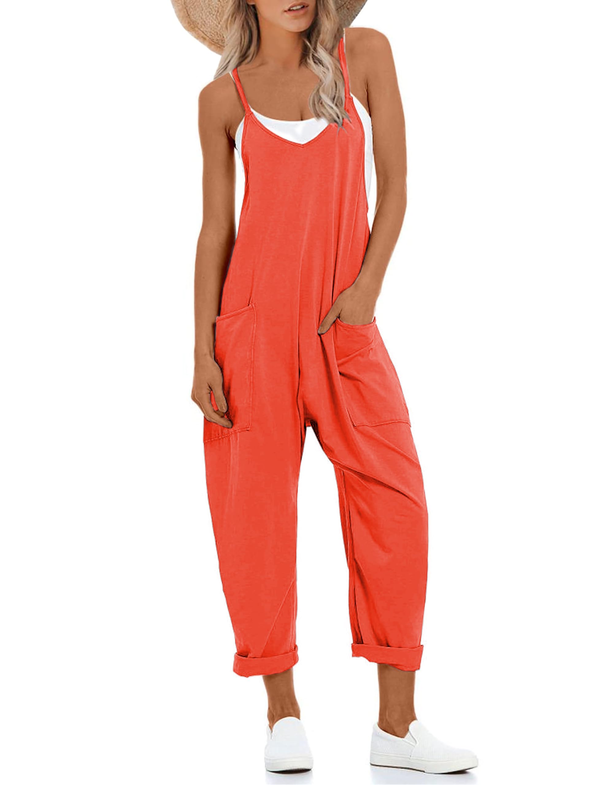 Lentta Women's Causal Jumpsuits V Neck Sleeveless Harem Overalls Stretchy Adjustable Strap Romper with Pockets