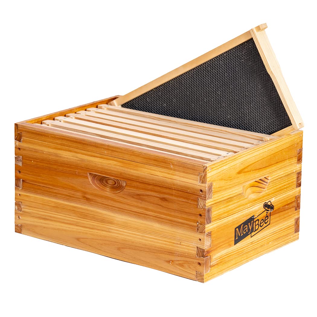 8-Frame Beehive Box Langstroth Deep Brood Box Dipped in 100% Beeswax Includes Wooden Frames & Waxed Foundations (Unassembled)