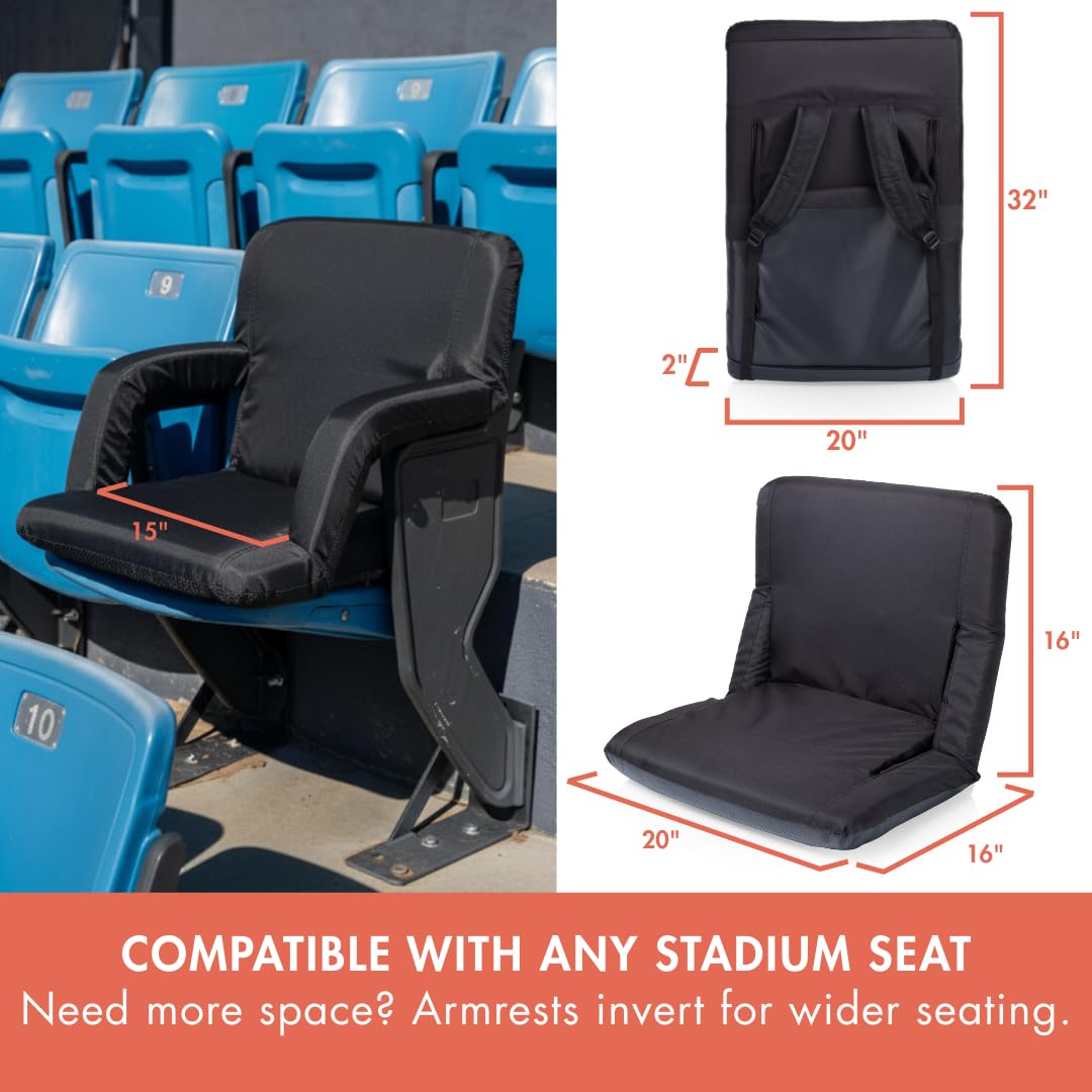 PICNIC TIME Ventura Portable Reclining Stadium Seat with Back Support, Folding Bleacher Chairs with Back and Cushion, Thick Padded Stadium Seat, Armrest, and Six Backrest Positions, (Black, Standard)