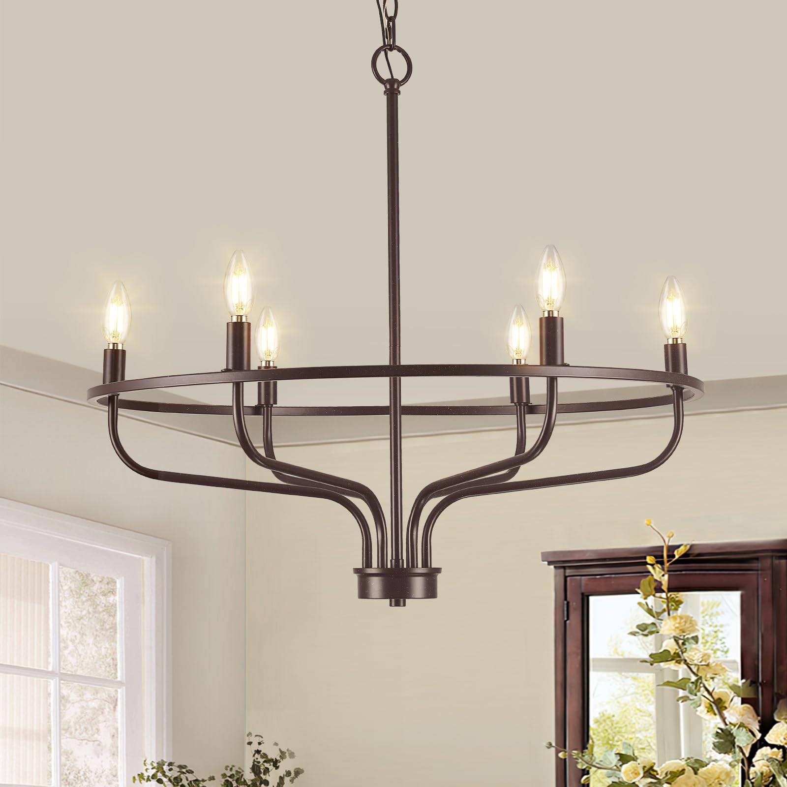 Black Chandelier 6-Light Dining Room Chandelier Kitchen Chandeliers Over Table Round Living Room Chandelier Light Fixture for Bedroom, Kitchen, Foyer