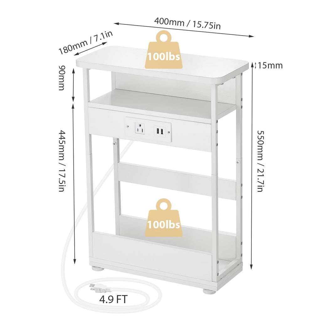 YEAKOO Narrow Side Table with Charging Station, 3-Tier End Table with 2 USB Ports & Power Outlets,Thin Sofa Side Table for Narrow and Small Spaces, Bedside Table Nightstand for Living Room,Black