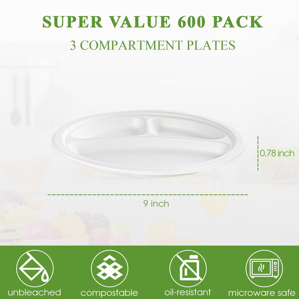 Vplus 100% Compostable Paper Plates, 500 Pack 10 Inch 3 Compartment Plates Disposable, Heavy Duty Biodegradable, Made of Sugar Cane Fibers, for Daily meals, Dinner, Parties, BBQ