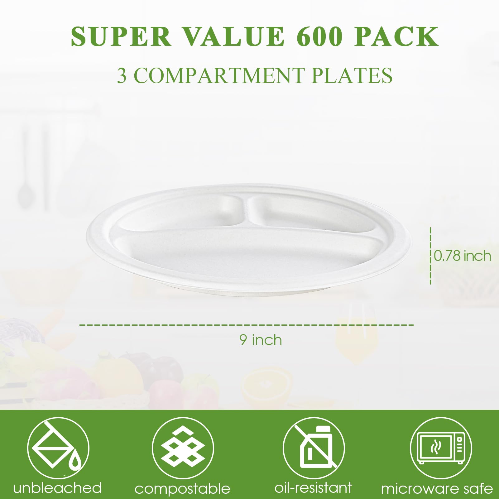 Vplus 100% Compostable Paper Plates, 500 Pack 10 Inch 3 Compartment Plates Disposable, Heavy Duty Biodegradable, Made of Sugar Cane Fibers, for Daily meals, Dinner, Parties, BBQ