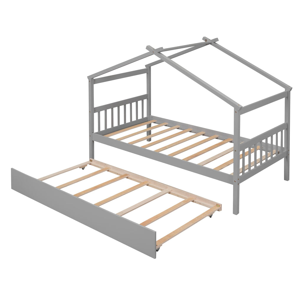 Merax Twin Size Wooden House Bed with Two Drawers, Wood Bed Frame with Roof for Kids, Teens, Boys or Girls, Grey