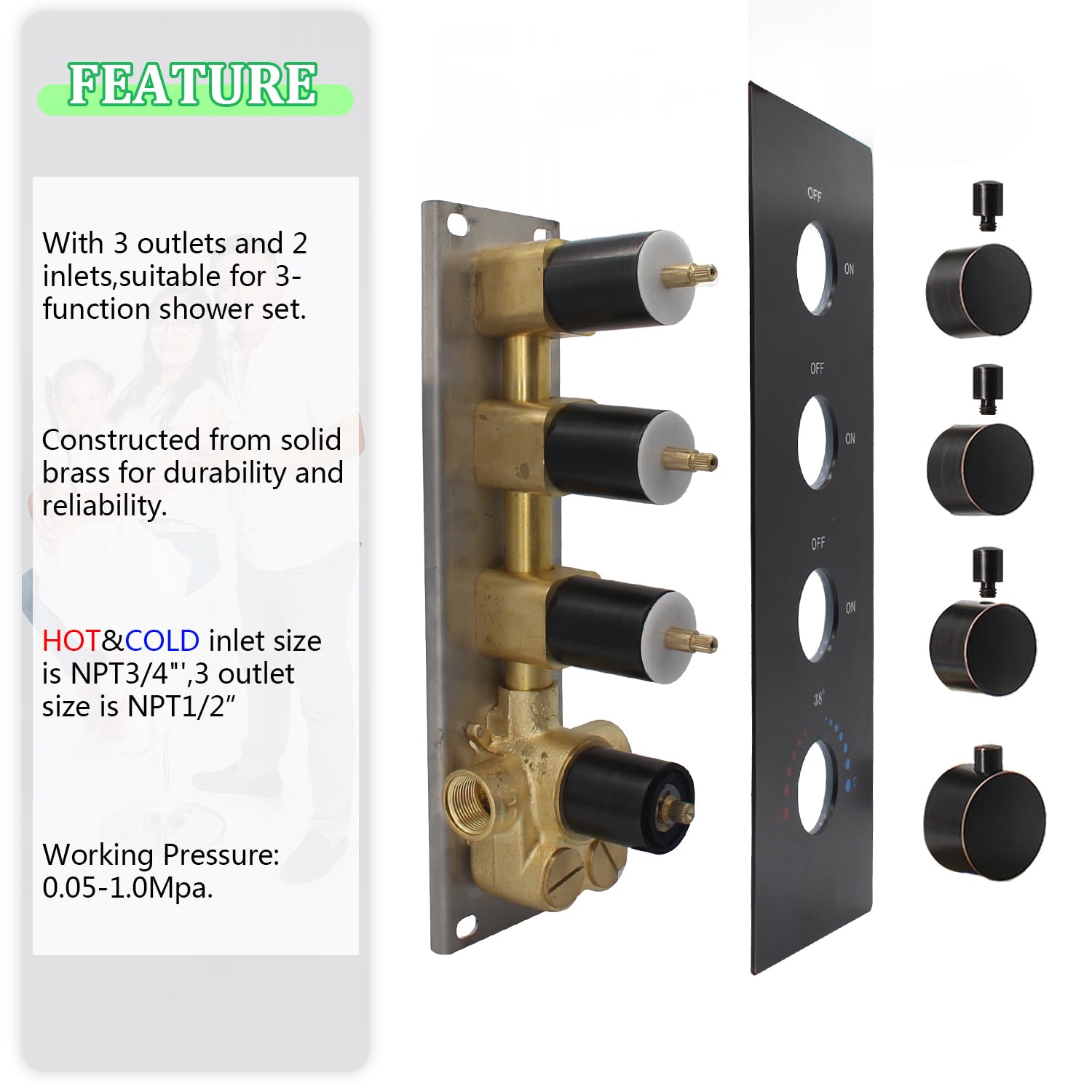 HOMEDEC 2 Way Shower Diverter Valve Brass Dual Functions Thermostatic Shower Mixing Valve Kit 3 Handle Flow Control Valve, 3/4 Inch Inlet, Can Use All Options At a Time, Matte Black