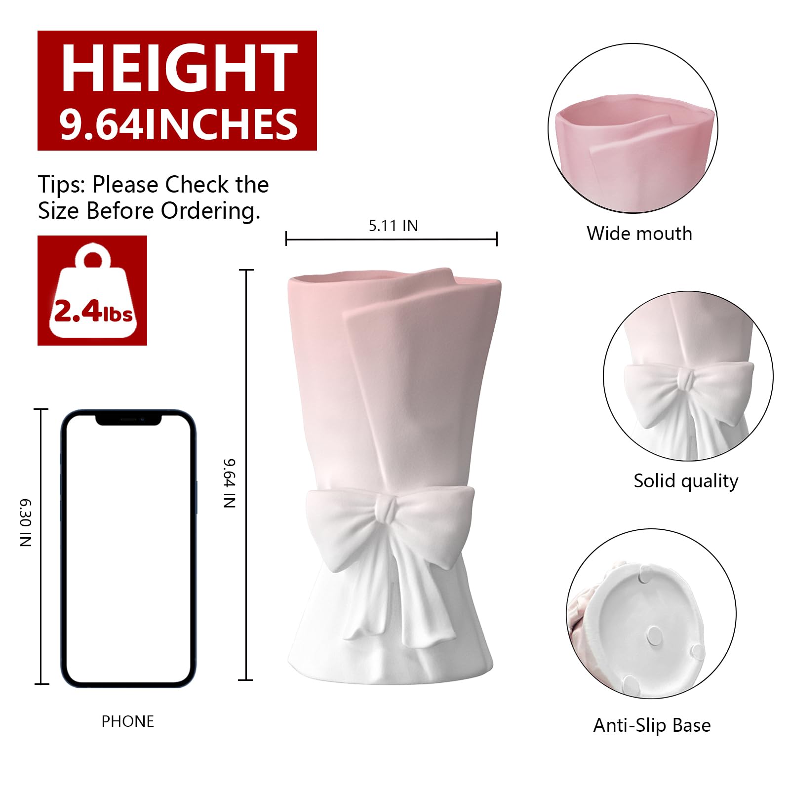 Relexome Beige Ceramic Bow Vase 9.64 in Unique Cute Modern Decorative Bouquet Flower Vases for Home Living Room Table Decor Women Girl Gifts