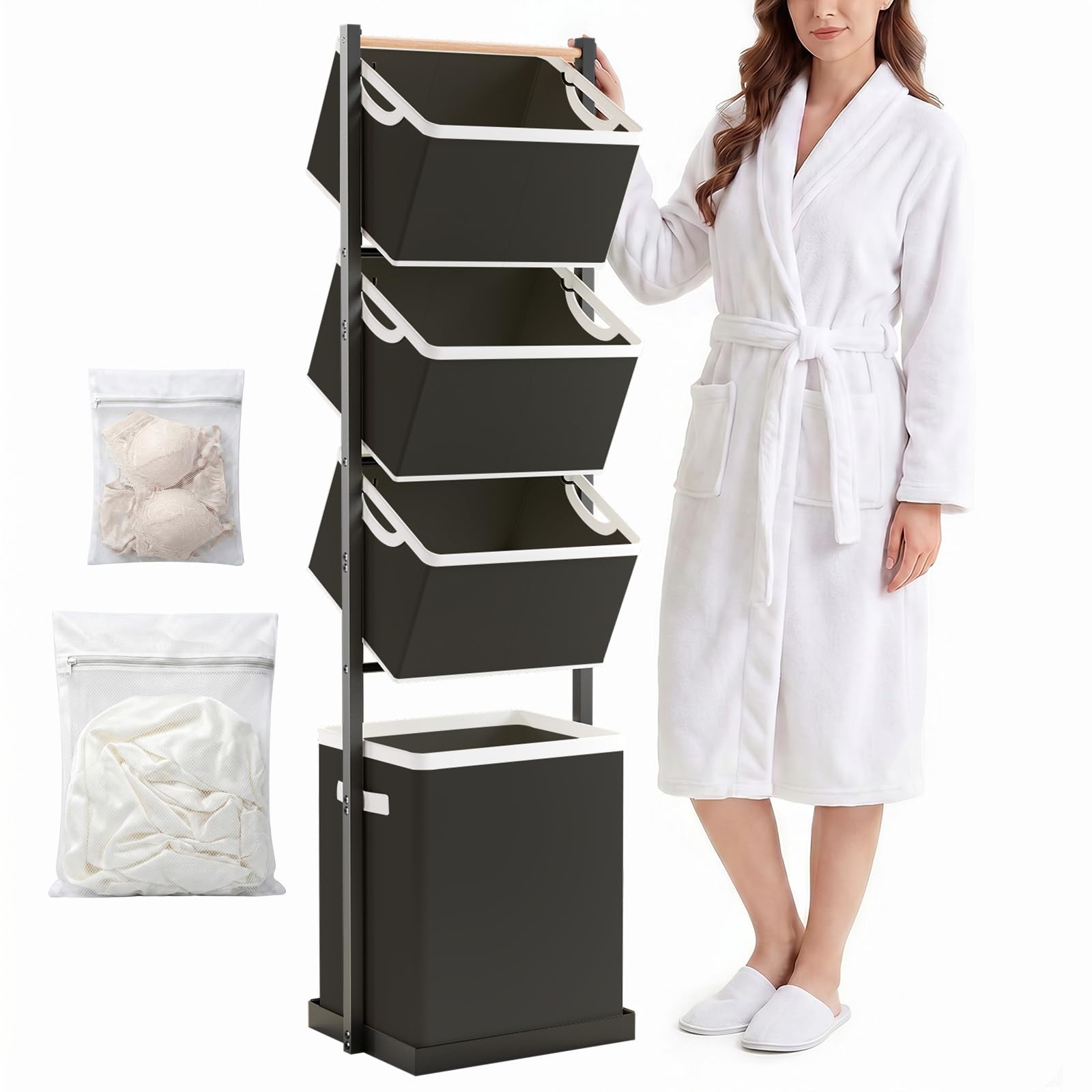 BAOKALER Rolling Laundry Hamper Cart with Wheels, 3 Tier White Laundry Baskets, Clothes Hamper with Portable Storage Baskets for Kitchens, Bathrooms, Bedrooms, Classrooms, Laundry Rooms(75L)