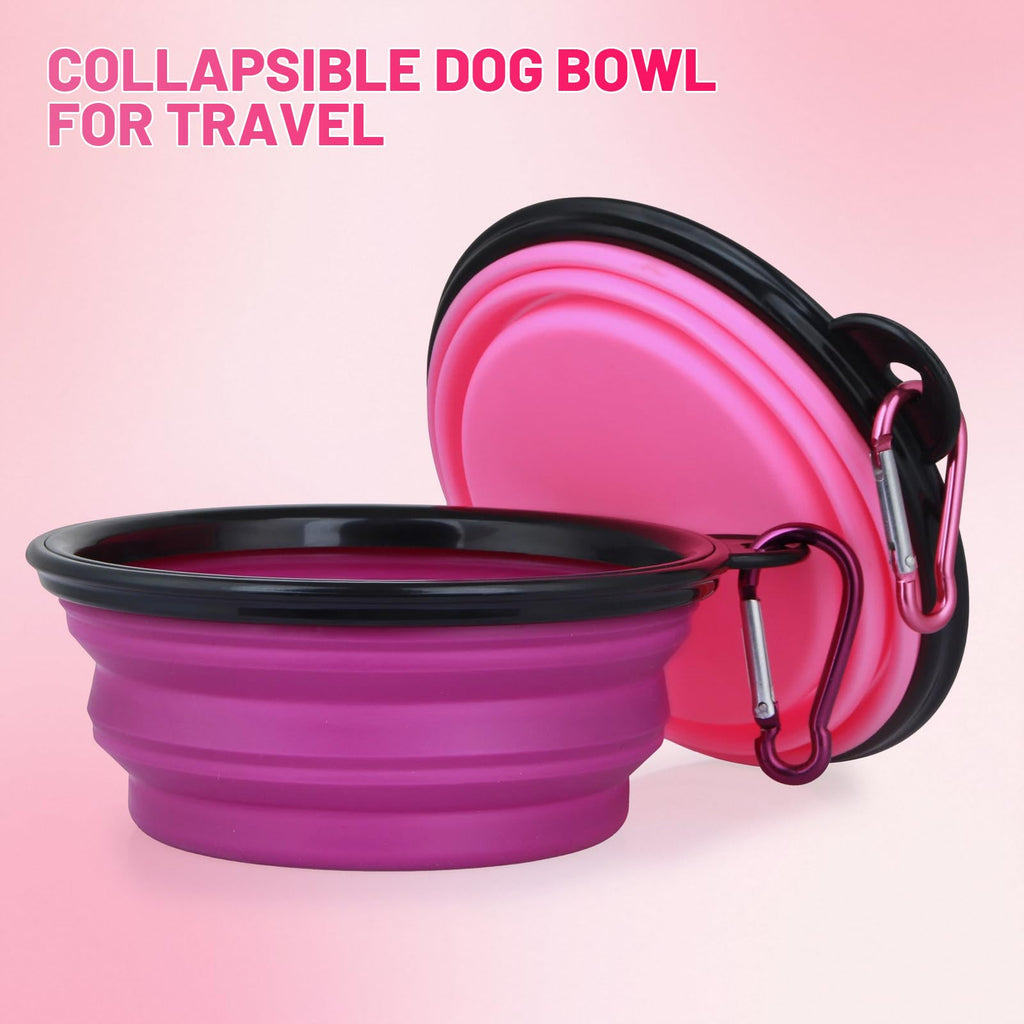 Dog Bowl Pet Collapsible Bowls, 2 Pack Collapsible Dog Water Bowls for Cats Dogs, Portable Pet Feeding Watering Dish for Walking Parking Traveling with 2 Carabiners (Small, Black & Pink)