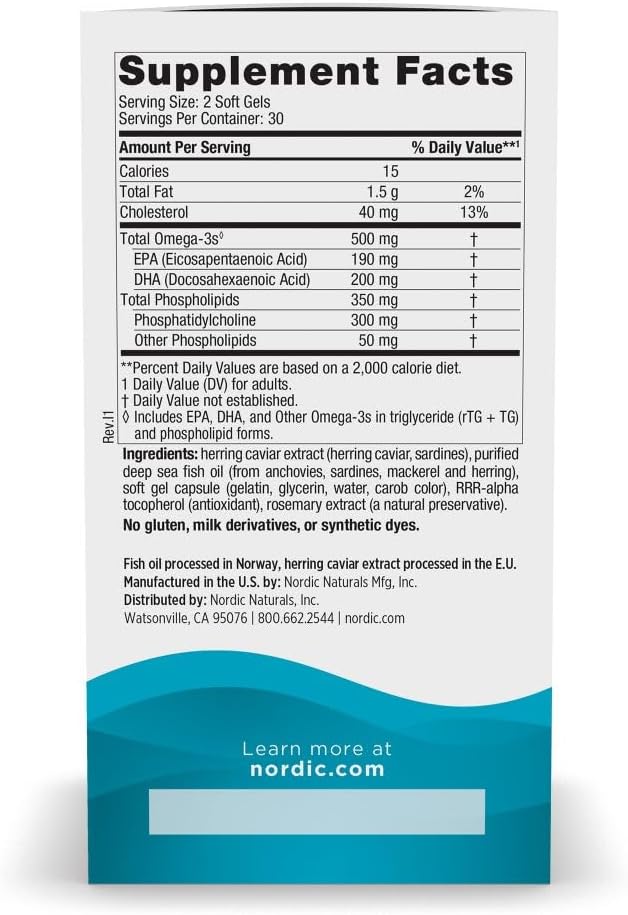 Nordic Naturals Omega-3 Phospholipids, Unflavored - 60 Soft Gels - 500 mg Omega-3 & 350 mg Phospholipids - Heart & Brain Health - Small, Easy-to-Swallow Soft Gels - Non-GMO - 30 Servings