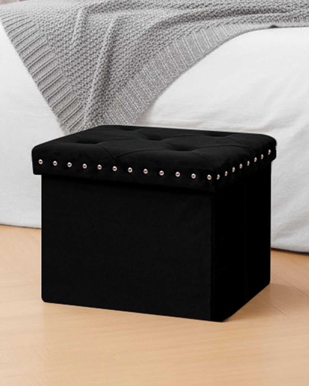 B FSOBEIIALEO Storage-Ottoman Cube-Folding Tufted - Ottomans with Storage, Coffee Table Top Cover, Storage Boxes Footrest Stool for Bedroom, Luxury Velvet Fabric 15.7 Inches Black
