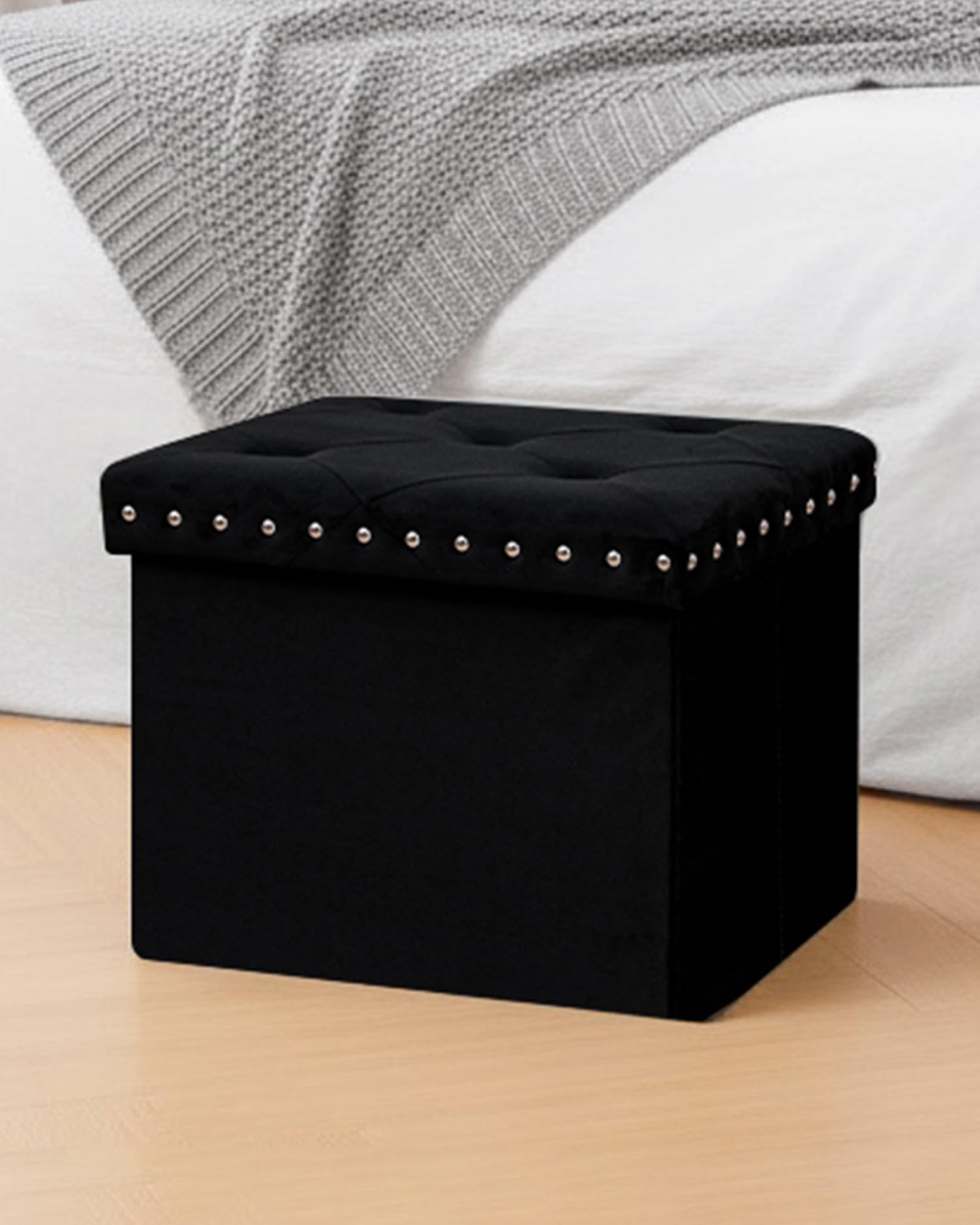 B FSOBEIIALEO Storage-Ottoman Cube-Folding Tufted - Ottomans with Storage, Coffee Table Top Cover, Storage Boxes Footrest Stool for Bedroom, Luxury Velvet Fabric 15.7 Inches Black