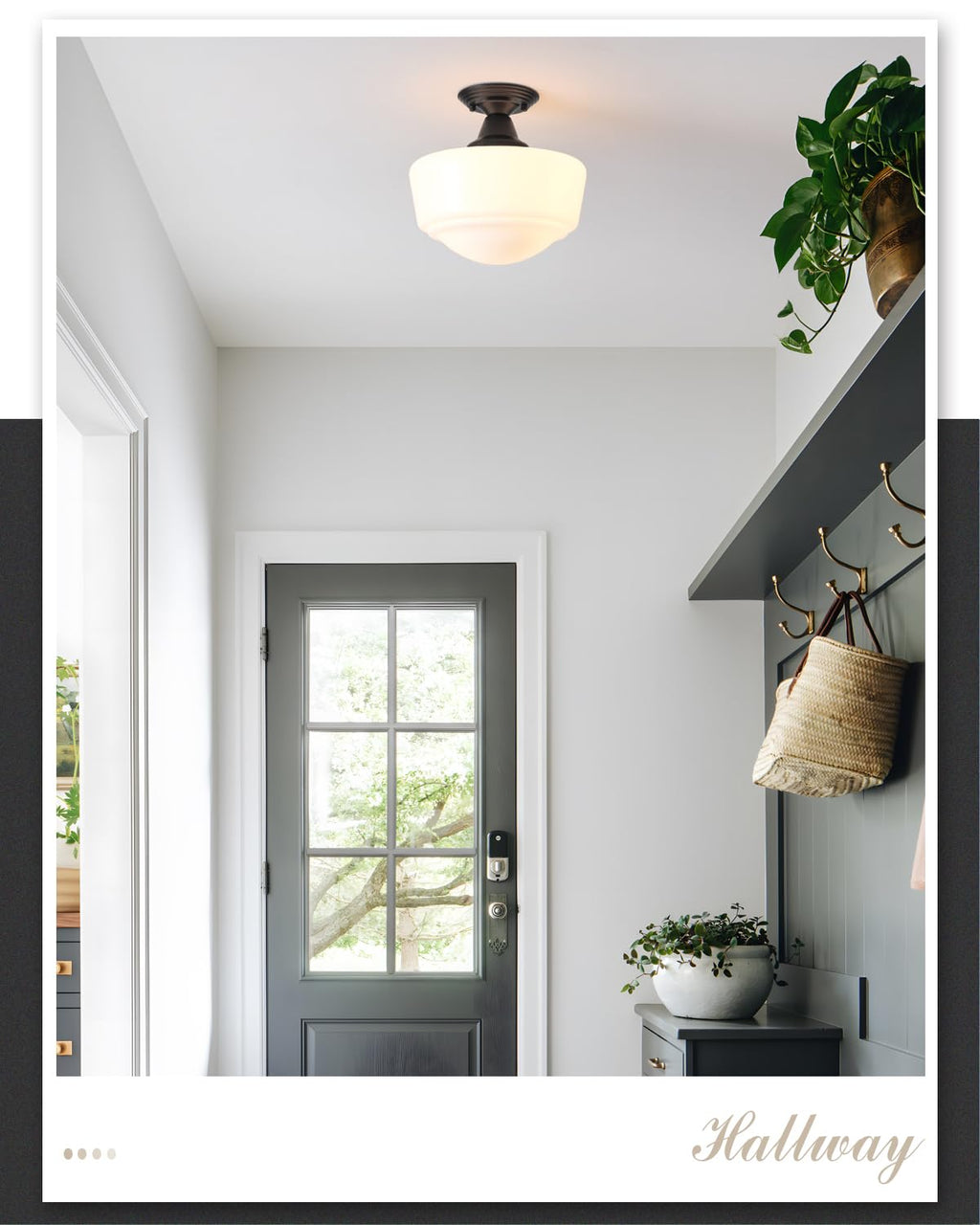 Schoolhouse Light Fixture, 12 Inch Black Finish with Milk Glass Semi Flush Mount Ceiling Light, Ceiling Light Fixture for Kitchen Hallway Entryway (Type C Pendant Light)